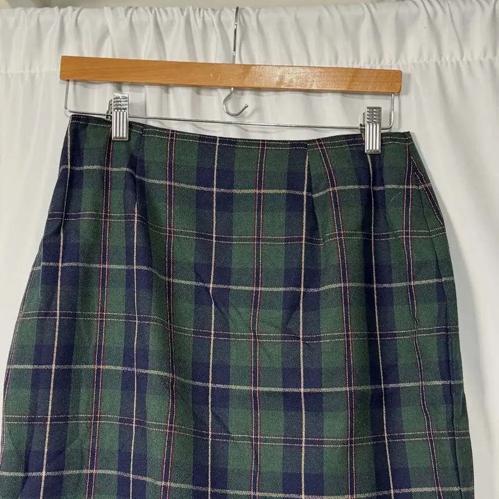 Christy Girl Green Plaid Polyester Pencil Mini Skirt Size 12 Vintage